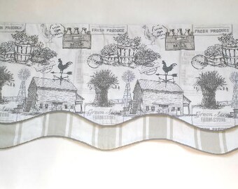 Layered Scalloped Valance- Lined Window Valance - Window Treatment - Farm Fresh Fabric - Grey - Taupe - Beige - - Kitchen - Living Room