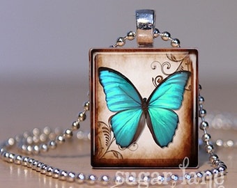 Turquoise Butterfly Necklace - (BA2 - Turquoise, Brown) - Scrabble Tile Pendant with Chain