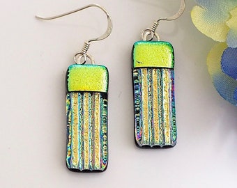 Dichroic Glass Earrings - Gold Earrings - Gold Green Drop Earrings - Fused Glass Jewellery - Handmade Earrings EE 701