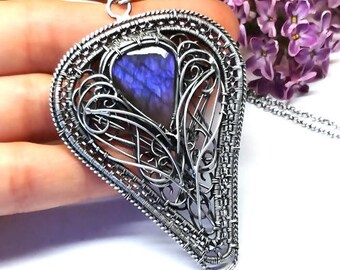 SALE Purple Labradorite, Labradorite Necklace, Labradorite Jewelry, Labradorite, Silver Pendant, Wire Wrap Necklace,cornflower Labradorite