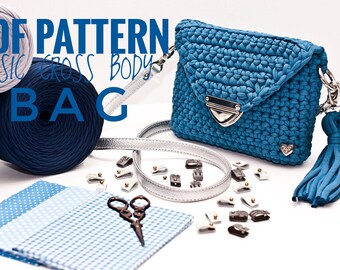 Crochet pattern of blue purse, crossbody evening clutch, mom knit gift, T-shirt yarn tutorial, small shoulder bag, PDF pattern women DIY