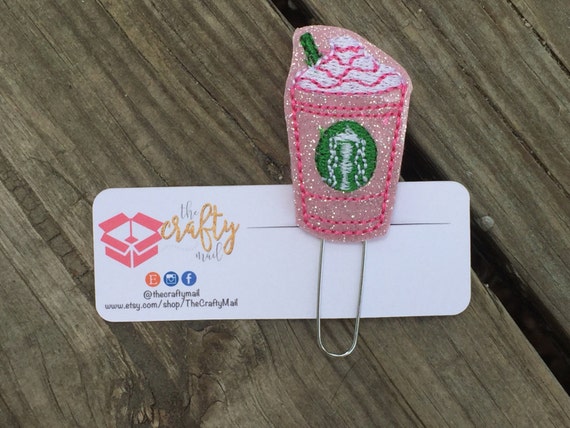 Pink Glitter Frappucino Paper Clip/Planner Clip/Bookmark. Strawberry Frappucino Clip. Coffee planner clip