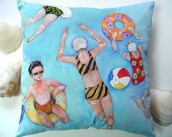 In The Swim - Whimsical Summer Pillow Decor Hand Painted Original Art Fun Beach House Vacation Pool Blue Island Home Florida Lake Kids Room