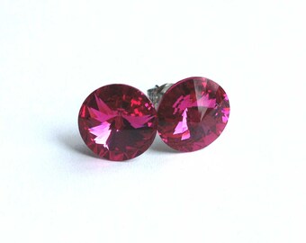 Fuchsia Swarovski Crystal Earrings Studs - Rivoli Crystal in Hot Pink Gift under 15 Bridesmaid Jewelry