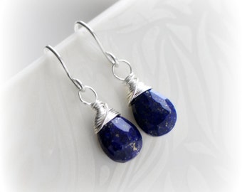 Lapis Lazuli Earrings Sterling Silver, Tiny Lapis Earrings, Navy Blue Earrings, Lapis Dangle Earrings, Gift for Her, Handmade by Blissaria