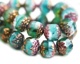 8mm Teal Green beads Cathedral czech glass beads Mixed Green round beads Golden ends fire polished ball beads - 10Pc - 0651
