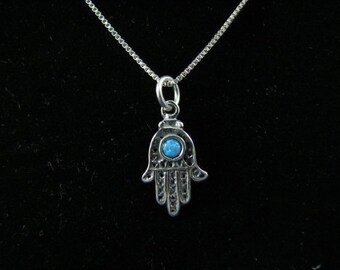 Hamsa Charm with Opal Bead Sterling Silver Necklace