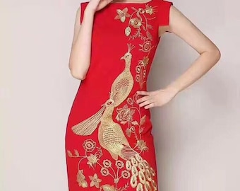 Qipao Embroidered Peacock Mandarin Dress (Red or Beige)