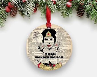 Wonder Woman Holiday Ornament, Round Aluminum Circle Hanging Christmas Tree Ornament, Inspirational Gifts for Coworkers Boss Teacher Gifts