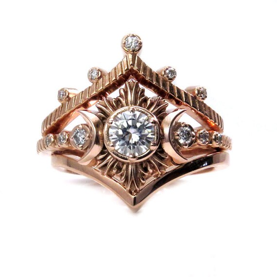 Boho Triple Moon Engagement Ring Set - Celestial Gold Stacking Ring Set - Forever One Moissanite or Diamonds
