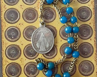VINTAGE FRENCH CHAPLET Miraculous Religious Medal Glass Beads