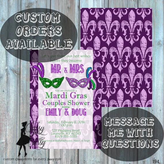 Mardi Gras Couples Shower Invitation, Masquerade Engagement Shower Invitation, Carnival Shower party Invitation 194