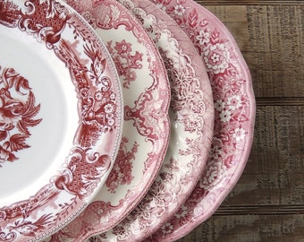 Mismatched Pink White Transferware Dinner Plates Set of 4 Replacement China Red Tranferware Plates Pink White Plates