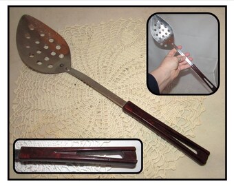 Vintage Stainless Steel Slotted Spoon w/ Marbleized Dark Red Catalin Handle, Stanhome, kitchen utensil