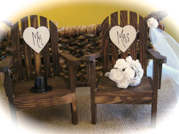 Rustic Wedding Mini Adirondack Chairs Cake Topper with Veil, Bouquet and Top Hat. Personalized