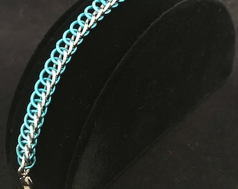 Teal Blue and Silver Two-Toned Half Persian 3 in 1 Bracelet Chainmaille, Chain maille, Chain mail, Chainmail, Spring, Summer