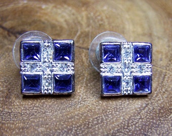 Purple & Clear Rhinestone Pierced Earrings Signed Roman