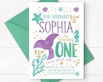 Mermaid birthday invitation, mermaid party, mermaid 1st birthday, mermaid birthday, under the sea, mermaid invitation