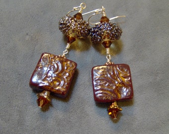 Lampwork Ceramic and Beaded Earrings-Organic Ceramic Artisan Earrings-Artisan Lampwork Dangle Earrings-SRAJD - Artisan Ceramic Beads