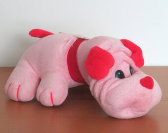 Vintage 1980s to 1990s Pink and Red Valentines Puppy Plush Similar to Tonka Pound Puppy Rumpleskins Adorable and Fun Gift
