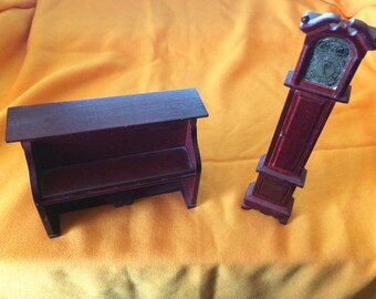 Vintage Dollhouse Miniature Piano, Doolhouse Miniature Longcase Pendulum Clock - 1980