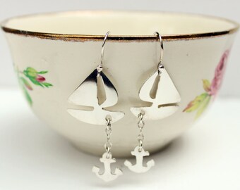 Silver Boat Earrings - Boat Earrings - Ocean Jewelry – Nautical Jewelry – Sailboat Earrings - Silver Boat and Anchor Earrings