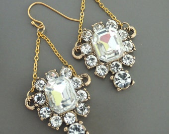 Crystal Earrings - Gold Earrings - Chain Earrings - Vintage Wedding Earrings - Upcycle Earrings - handmade