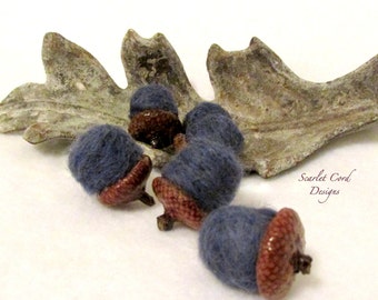 Wool Acorns, Felted Acorns, Wool Felted Acorns, Fall Decor, Natural Acorn Caps, Denim Blue, Set of Six