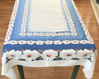 Vintage Tablecloth, Lovely Vintage Flowered Tablecloth. Imperfect Retro Tablecloth, Flower Print Tablecloth, Vintage Table Linens