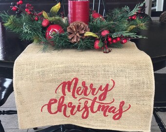 Merry Christmas Table Runner, Burlap Table Runner, Table Runner,