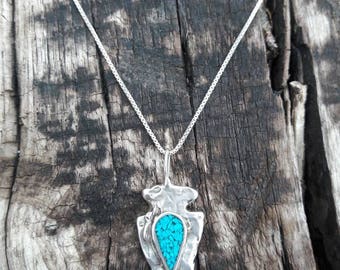 Vintage Turquoise Arrowhead Sterling Silver Pendant Necklace - Hallmarked