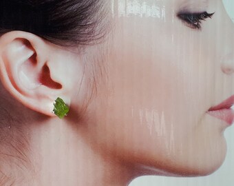Raw, rough peridot stud earrings, 92.5 sterling silver