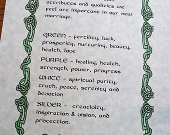 Celtic CUSTOM HANDFASTING CERTIFICATE DeSCRIPTION of CoLors for your Celtic HaNDFASTING COrd