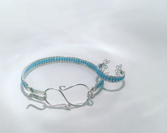 Handmade Sterling Silver Wirework Adjustable Ring with Turquoise Coloured Seed Beads