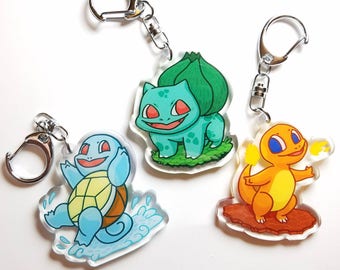 starter Pokemon acrylic keychain charms, kanto starters, bulbasaur squirtle charmander charms, original pokemon keychain, pokemon charms