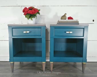 Teal Pair of Nightstands MCM