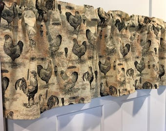 Chicken and Roosters Farmhouse Feathers Country Tan and Black 42" Valance Curtain