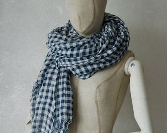BLUE & WHITE GINGHAM linen scarf / soft fringe