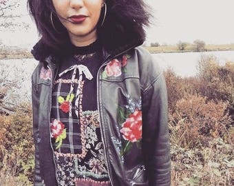 Hand Painted Florals Vintage Leather Jacket with Faux Fur Collar