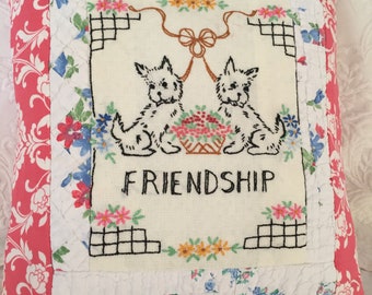 Pillow Made From Vintage Linens, Quilts, Dogs, Friendship, Cottage, Bedroom
