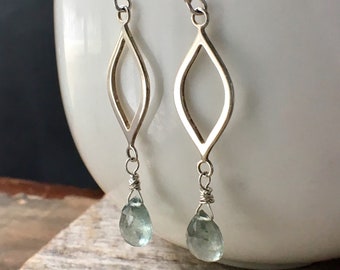 Moss Aquamarine Earrings, Long Sterling Silver Aquamarine Earrings, Gemstone Earrings, March Birthstone