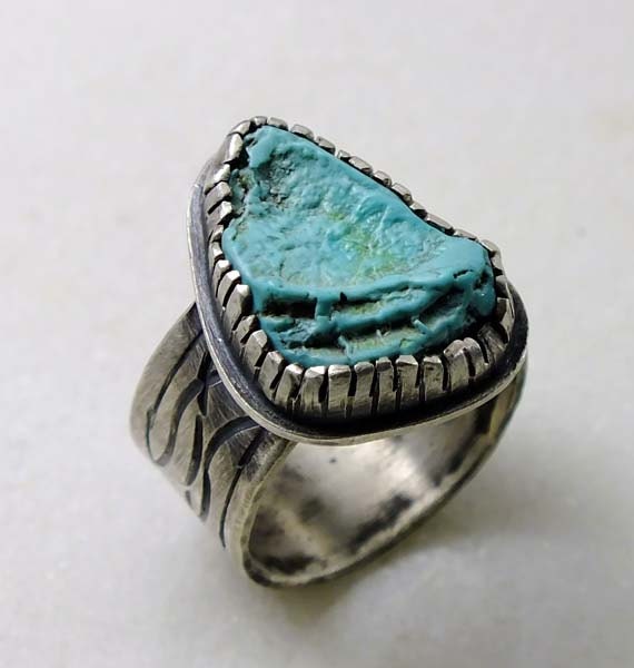 Lone Mountain Turquoise raw nugget ring antiqued oxidized