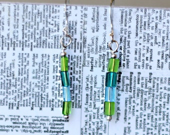 Handmade blue and green stacked earrings