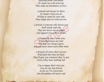 Six Stanza What Is A Friend Poem shown on