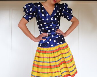 Vintage UNGARO Dress, 90s Party Dress, Puff Sleeve Dress, Drop Waist Dress, 90s Designer Dress, Polka Dot Dress - Small