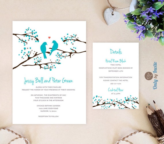 Turquoise Wedding Invitation And Info Card Love Bird Wedding