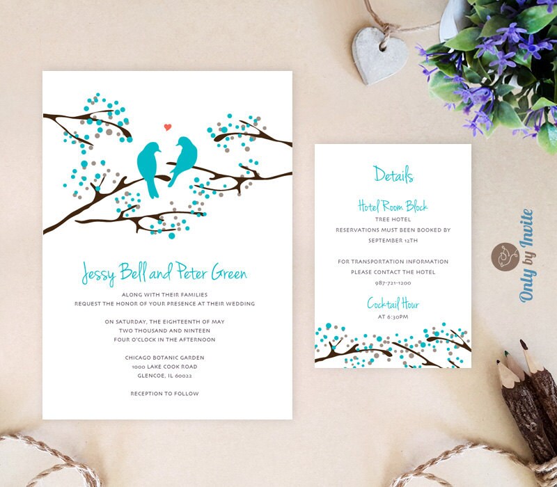Turquoise bruiloft uitnodiging en info kaart Love bird Love bird bruiloft uitnodiging en info Kaartenset. Kaart van de behuizing kan worden gepersonaliseerd met alle info die u nodig hebt. Het kan worden wensen goed