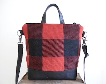 Wool plaid, black canvas crossbody tote bag - repurposed Buffalo check camp blanket - eco vintage fabrics