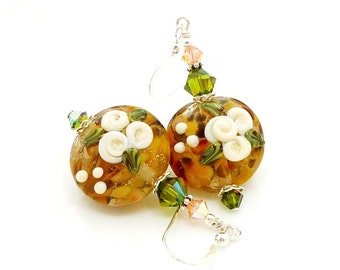 Peach Floral Earrings, Lampwork Earrings, Glass Earrings, Glass Bead Earrings, Glass Flower Earrings, Beadwork Earrings, Floral Earrings