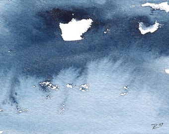 Day 31, Original Abstract Waterscape Painting, Watercolour, Indigo Blue, 3" X 5"